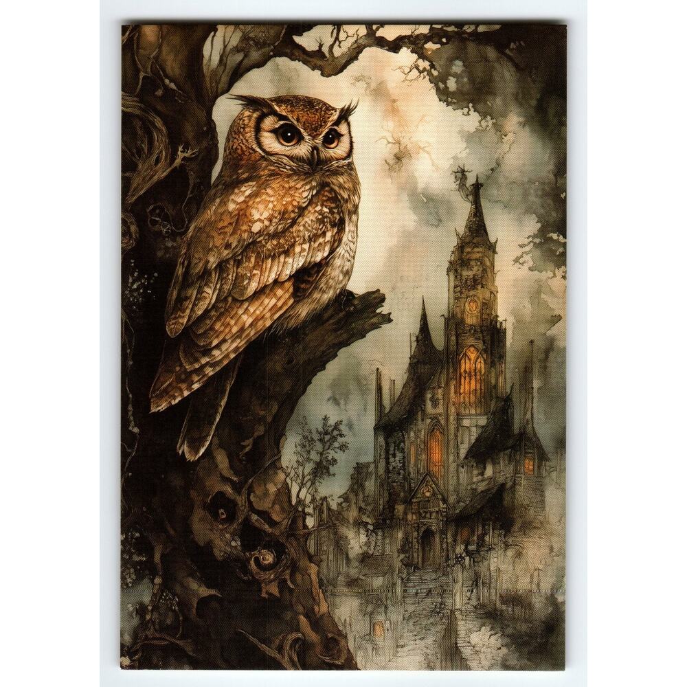 Vintage Halloween Owl & Haunted House Photochrome Postcard 5.5x4" - Picture 1 of 2